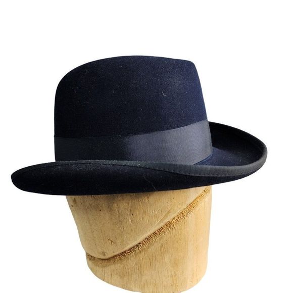 Reed Hill Fur Blend Hat Size 7 Custom Made Navy Blue With Band and Feather - Picture 6 of 13